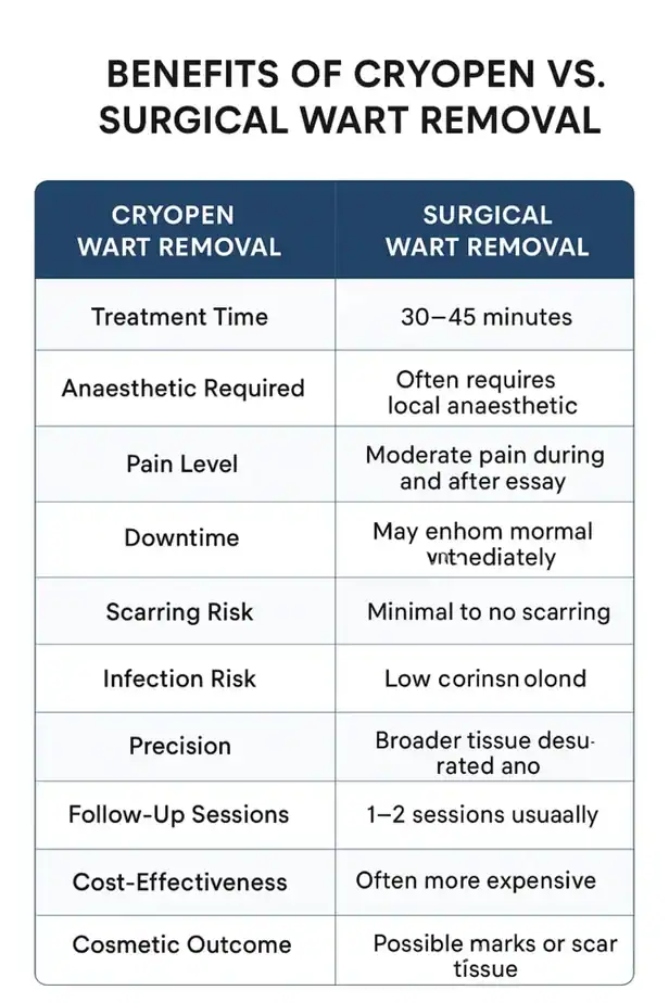 Table showing the benefits of cryopen to remove warts Hickstead compared to surgical treatment